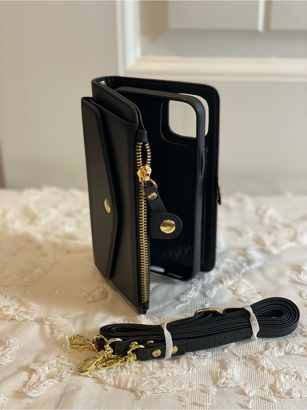 iPhone 11. Black Phone Case Wallet with Gold Hardware